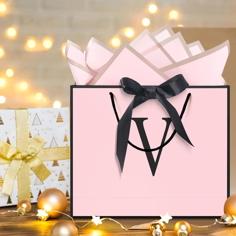 QLSKO Personalized Initial Paper Bag for Women Grils,Monogrammed Gift Bag with Bow Ribbon,Wrapping Tissue and Card Matching Envelope Sticker (Pink, V-Medium) - Image 4